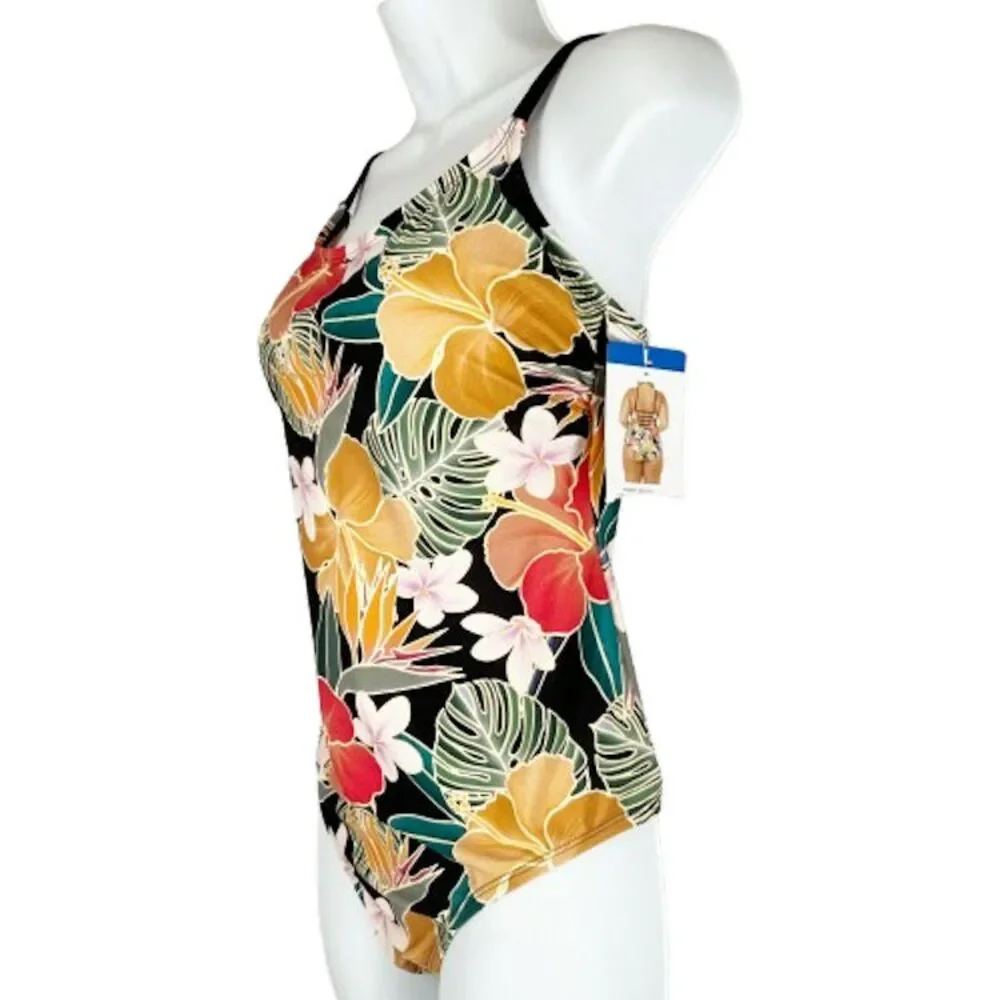 💐 NEW Hurley L One Piece Swimsuit Tropical Floral Coral Teal Gold Black NWT - Picture 6 of 13